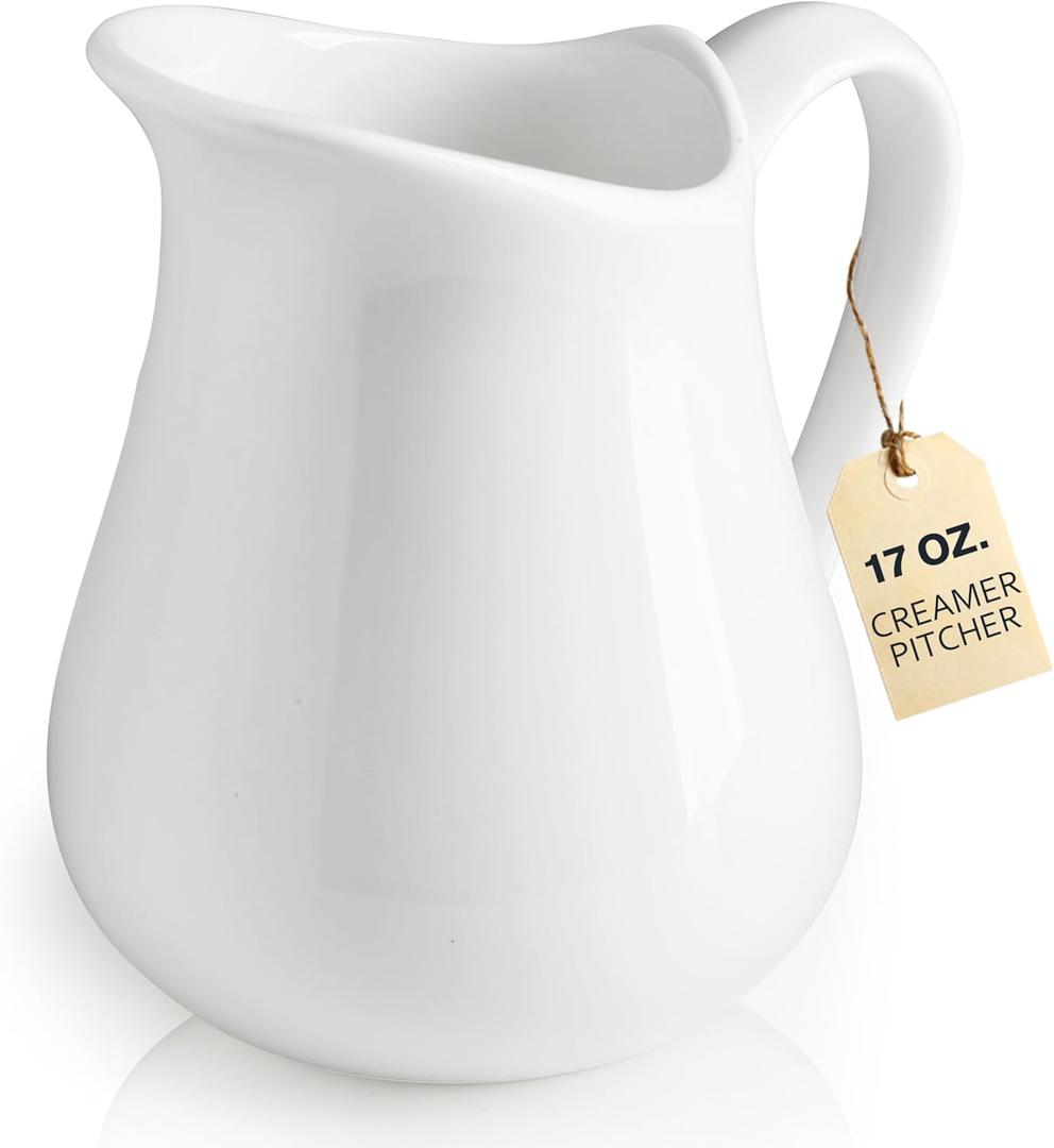 LYEOBOH 17 OZ Creamer Pitcher - Ceramics Creamer with Handle, Coffee Milk Pourer for Home Kitchen Microwave Dishwasher Freezer Safe, White (Classic)