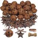 Winlyn 80 Pcs Rusty Metal Christmas Sleigh Bells Jingle Bells Rustic Craft Bell 1-1/2" and Dimensional Mini Rusted Metal Barn Stars with Jute Twine Plaid Ribbon for Christmas Tree Holiday Season Decor