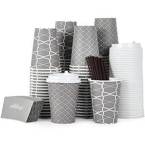 JOLLY PARTY [100 Sets] 12 oz Paper Coffee Cups, Disposable Coffee Cups with Lids, Sleeves and Straws, Hot Cold Beverage Drinking Cup for Water, Coffee or Tea, To-Go Cup Suitable for Office and Travel