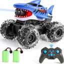BOBXIN Amphibious Remote Control Shark Monster Truck Squirt Water,4WD All-Terrain Off-Road 2.4Ghz Waterproof RC Car Pool Water Toys for Kids Age 6+ Blue