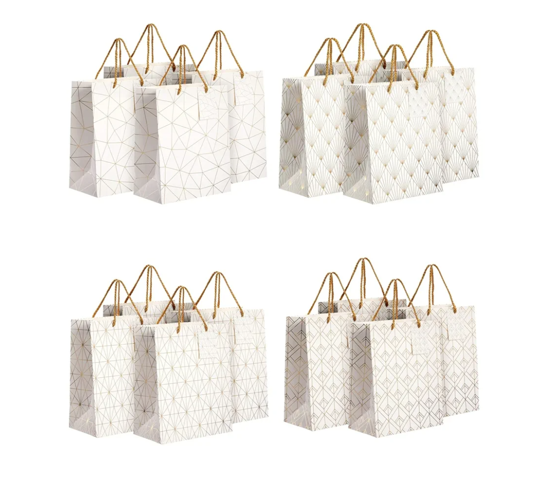 Sparkle and Bash 16-Pack Medium White and Gold Gift Bags with Handles & Tags for Weddings Baby Bridal Showers Birthday Party Favors, 4 Geometric Foil Designs (8 x 10 x 4.5 Inch Gift Bag)