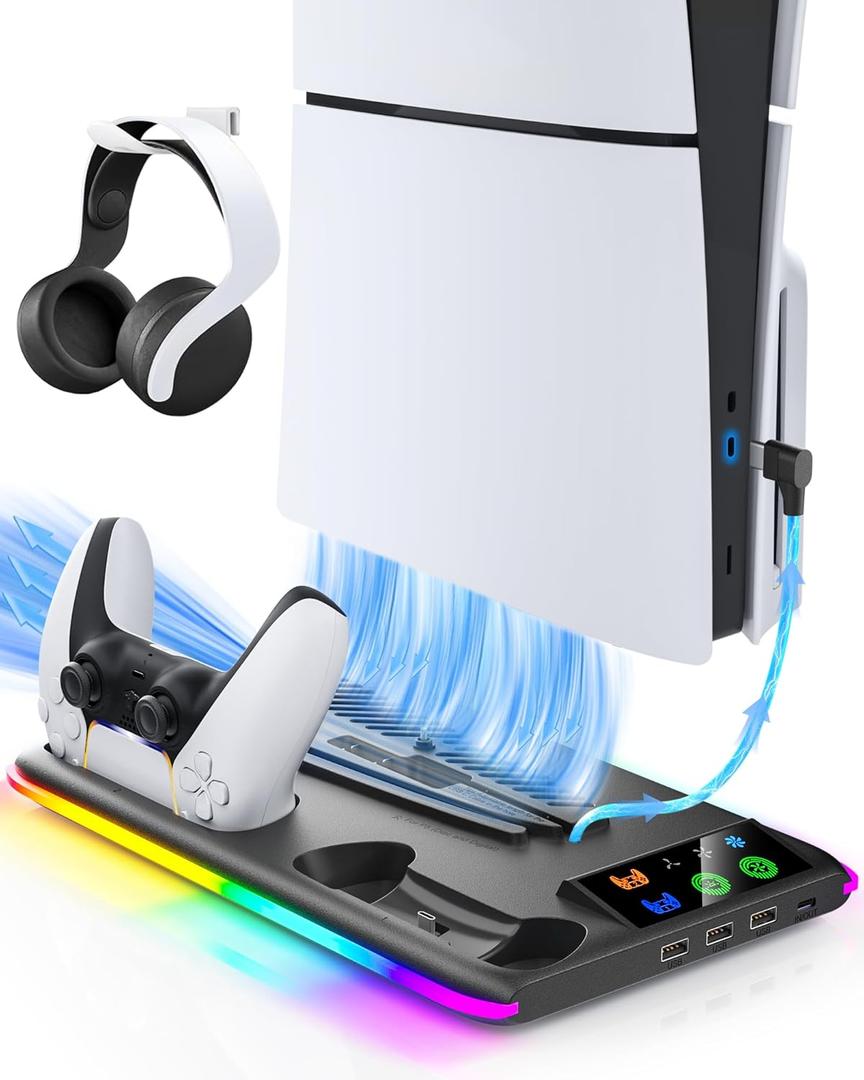 Honghao Controller Charger for PS5/PS5 Slim/Pro: PS5 Cooling Fan and Controller Charger Station, PS5/PS5 Slim Stand Accessories Vertical Charging Dock Stand for PlayStation 5 (Black)