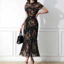 GothDark Women's Summer Floral Mesh Ruffle Dress Short Sleeve Round Neck Waist Cinched Casual Maxi Wedding Guest Dresses (Black) S