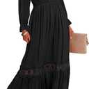 ZESICA Women's 2025 Boho Long Sleeve Square Neck Smocked High Waist Flowy A Line Lace Trim Maxi Dress Black XL