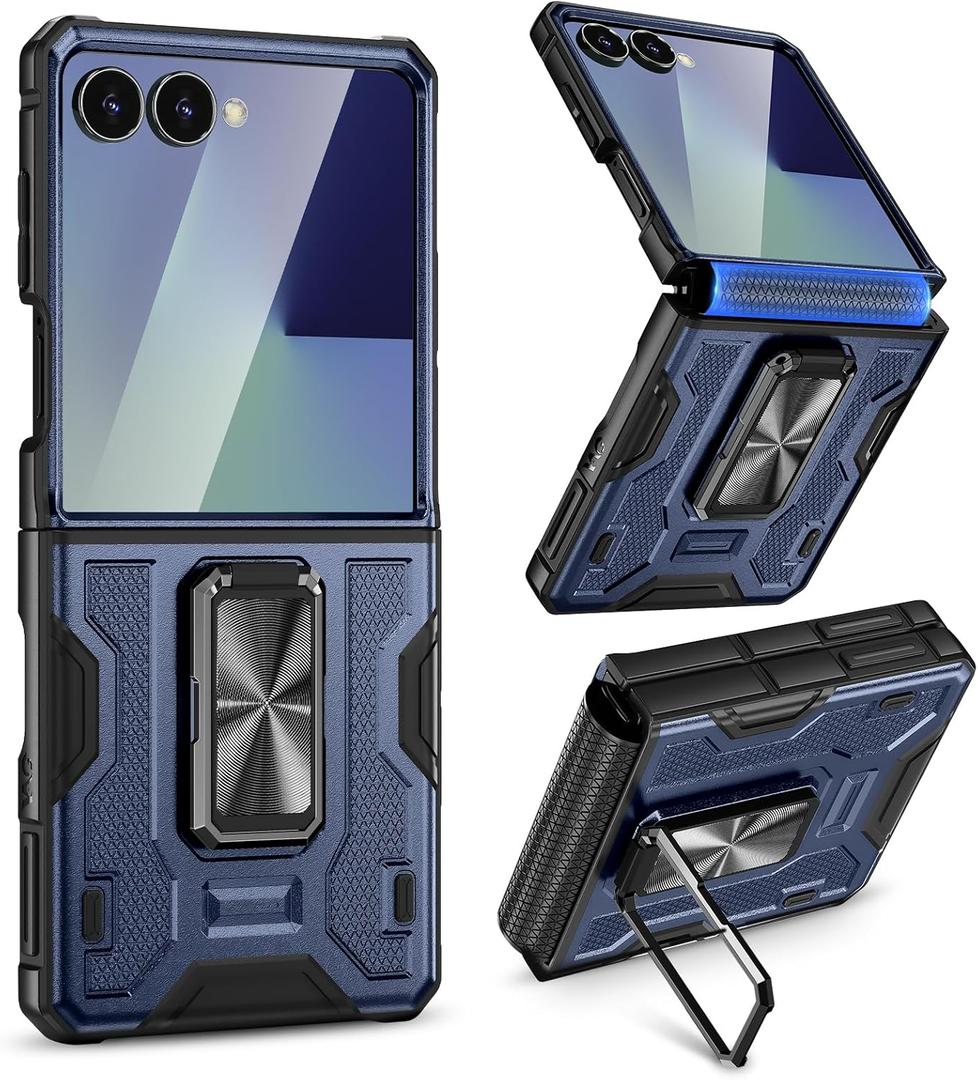 VEGO for Galaxy Z Flip 7 Case [Built-in Screen Protector][Anti-Scratch] [Hinge Protection] Military Drop Protection Ring Kickstand Phone Case for Samsung Galaxy Z Flip 7 5G 2025(Not for Flip 7FE)-Blue