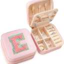 SANDJEST Personalized Jewelry Box, Pink Travel Jewelry Box with Initial E, Small Monogrammed Jewelry Case Organizer for Girls Women Teen Kids, Mini Travel Essentials Gifts for Birthday Christmas
