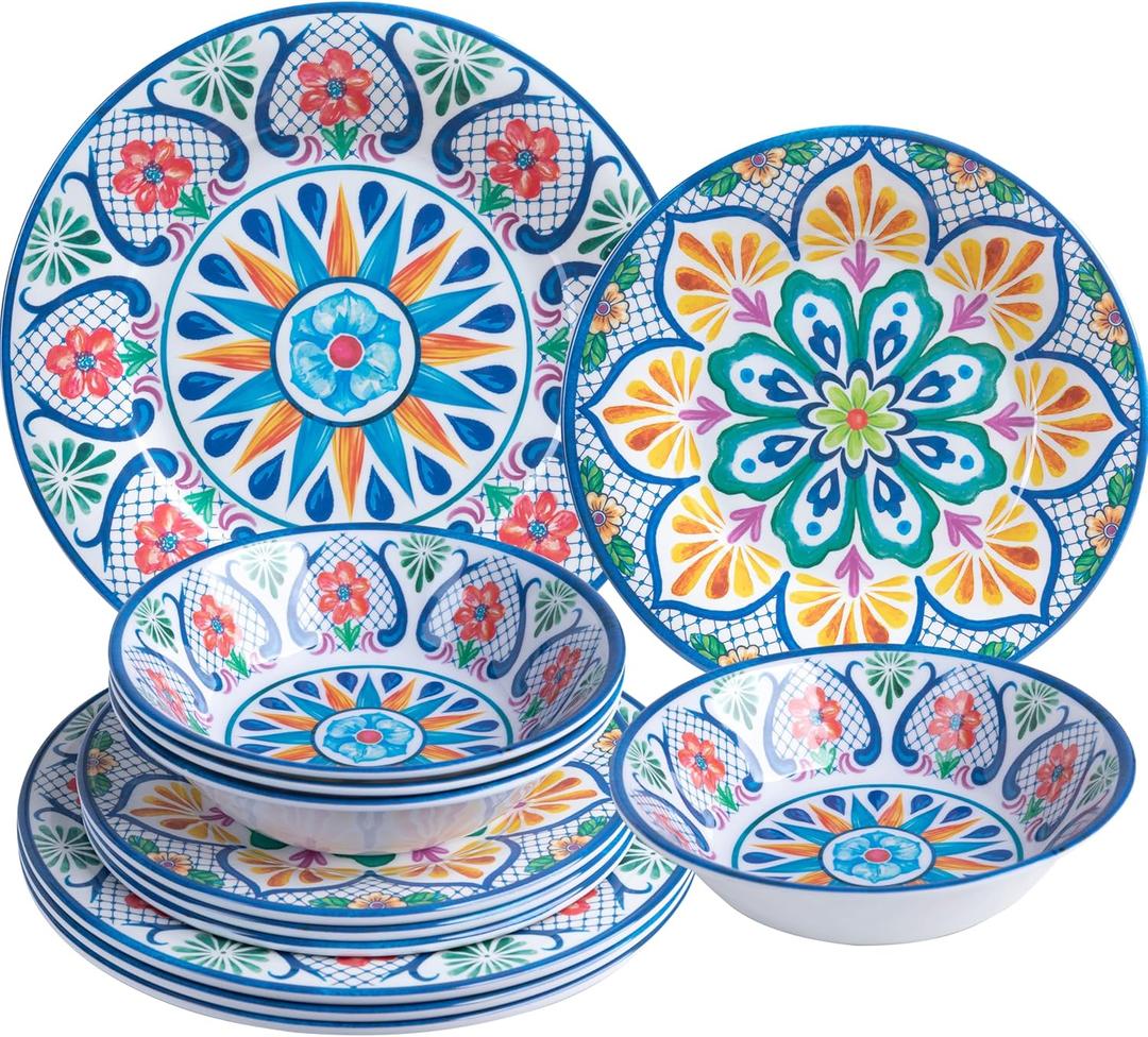 Melamine Dinnerware Sets, 12-Piece Dinner Dishes Set for 4, Durable & Non Breakable Plates Bowls Set, Shatterproof BPA-Free Dishware for Outdoor Dining,Picnic,Camping,RVPaisley Design