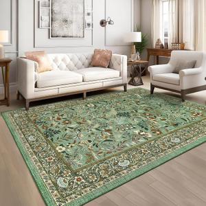 Washable Rug for Living Room 8x10 Large Botanical Floral Accent Rug, Non Shedding Non Slip Floor Carpet, Ultra-Soft Low Pile Indoor Mats for Dining Room, Playroom, Bedroom, Green