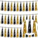 3P Metallic Fringe Tassel Banner Garland Foil Tinsel Streamer Wall Hanging Curtain Backdrop Banner for Parade Floats,Graduation Decorations, Father's Day,New Years Party Decoration(Black Gold)