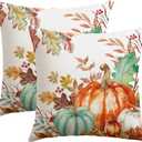2 x Artscope Fall Decorative Throw Pillow Covers 18x18 Inch Set of 2, Watercolor Pumpkin Fallen Leaves Outdoor Farmhouse Pillow Cases for Home Sofa Couch-Green Orange