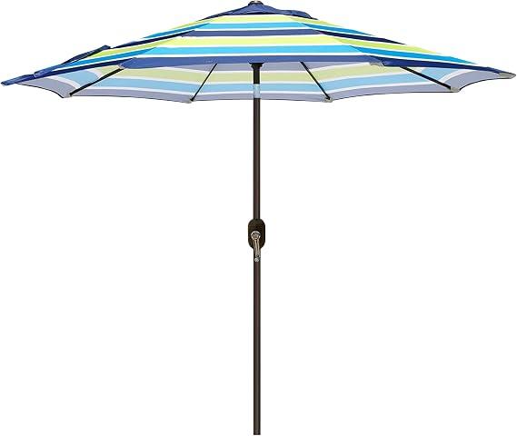 Blissun 9' Outdoor Patio Umbrella, Outdoor Table Umbrella, Yard Umbrella, Market Umbrella with 8 Sturdy Ribs, Push Button Tilt and Crank, Blue & Green Stripe