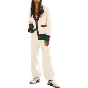 Women's 2 Piece Outfit Lounge Set Trendy Cardigan Sweater Pants Sets V Neck Button Pocket Knit Matching Loungewear (Contrast White, M)
