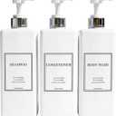 Shampoo and Conditioner Dispenser - Modern Design Large 27oz Shower Soap Dispenser Set of 3, Refillable Empty Plastic Pump Bottles for Bathroom, 6 Waterproof Labels Included, White & Silver