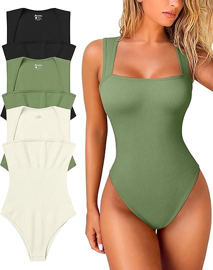 OQQ Bodysuit M 3 Pack Black Green Beige