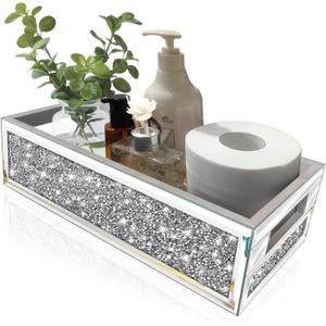 Wocred Bathroom Basket Toilet Tank,Crushed Diamond Mirrored Bathroom Tray Wall-Mounted,Silver Storage Organizer fits Dresser Bedroom,Bathroom,Coffee Table (15x7x3.8)