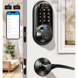 Veise RZ07B Smart Locks for Front Door, 2 Lever Handles, Fingerprint Keyless Entry, App Control Biometric Door Lock Set, Touchscreen Keypad Deadbolt, Easy Install, Auto Locking, Matte Black