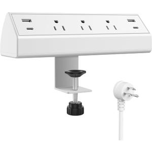 Jgstkcity Desk Clamp Power Strip,40W Total Fast Charging Station,2 PD 20W USB C Ports,Desk Edge Mount Surge Protector for Home, Office,3 Outlets,Fit 1.96" Tabletop Edge,ETL Listed,White