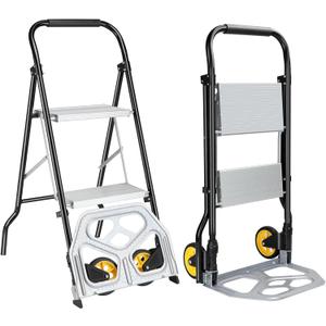 Step Ladder,2 Step Stool with Wide Anti Slip Step, Sturdy Aluminum Step Stool Foldable Can be Unfolded to Make a Hand Truck for Kitchen,Home,Office