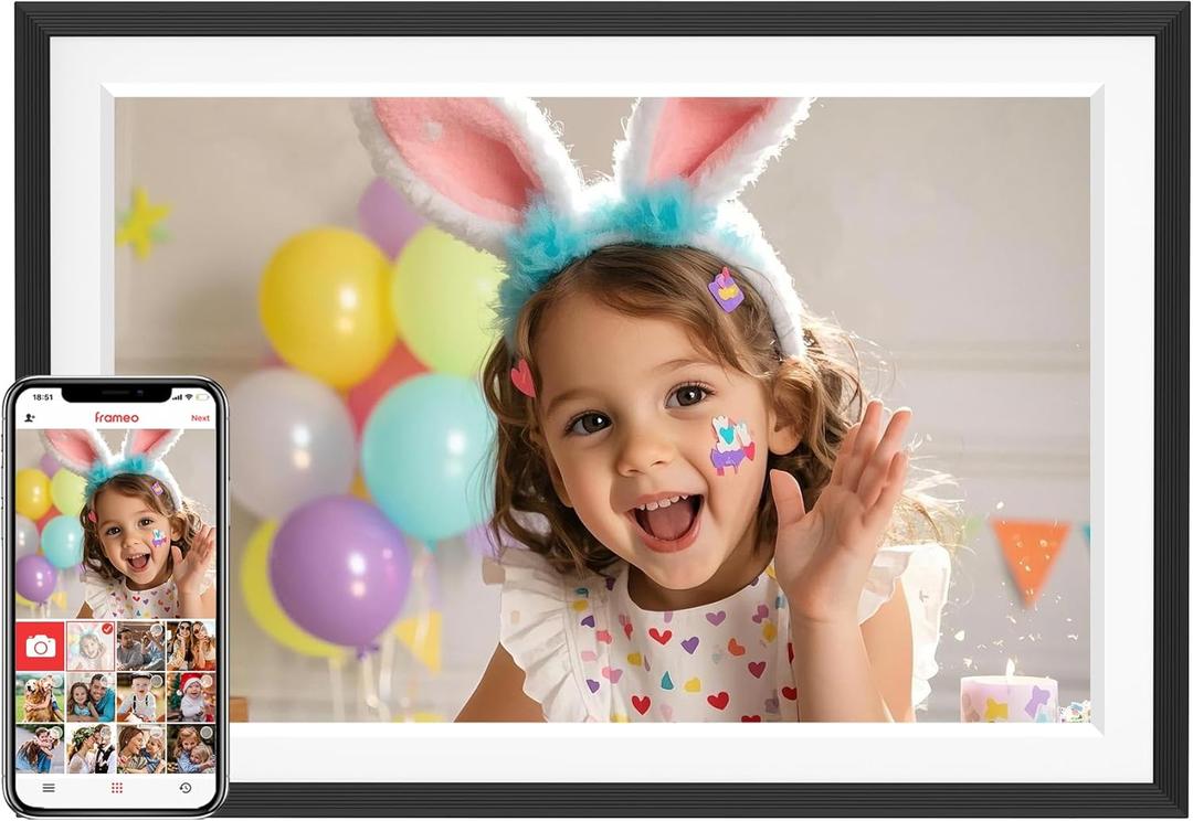 Frameo 10.1" WiFi Digital Picture Frame with 32GB Memory, 1280 x 800 IPS HD Touch Screen Electronic Photo Frame, Auto-Rotate, Slideshow, Wall Mountable, Share Photos/Video Remotely Anywhere (10.1 inch Black & White)