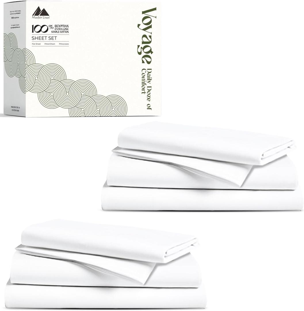 Mayfair Linen 100% Egyptian Cotton Twin Size Sheets Pack of 2 - Luxury 600 Series Voyage Collection Egyptian Cotton Sheets Twin Size (6 PC, White), Soft, Cooling, 16" Deep Pocket Hotel Sheet Set