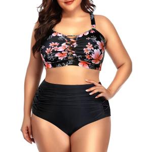 Daci Women Plus Size Two Piece Swimsuit - High Waisted Bikini Tummy Control Bathing Suit Bandeau Swimwear (XX-Large, Black and Flower)