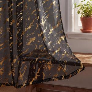 Horaldaily Marble Black Sheer Curtains 72 inches Long, Rod Pocket Gold Foil Print Metallic, Light Filtering Semi Sheer Drapes for Bedroom Living Room, 52" W x 72" L, Set of 2 Curtain Panels