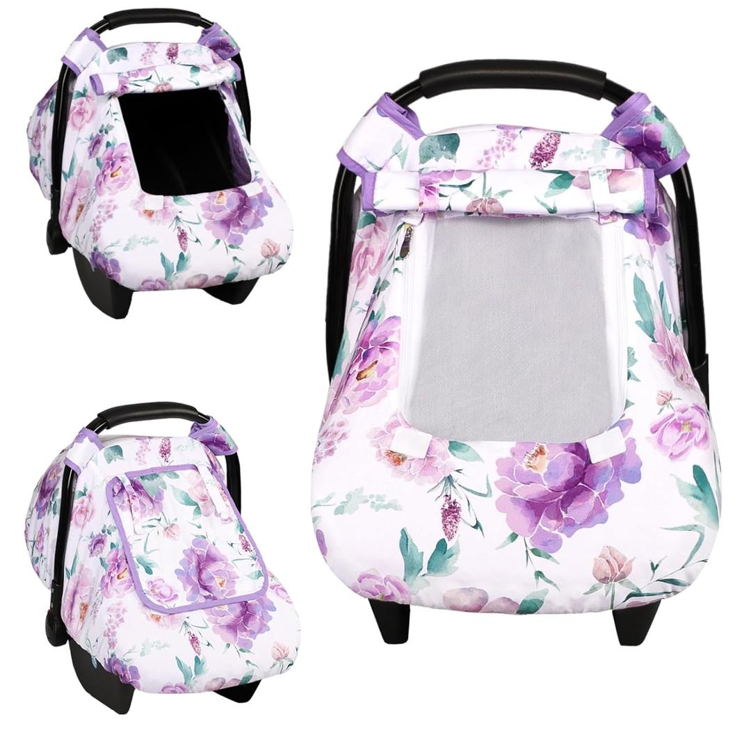 Car Seat Cover Baby, HNHUAMING Infant Car Seat Covers Canopy for Baby Girl Boy, Cozy & Windproof Newborn Carseat Covers Minky Dot Backing Stroller Cover with Breathable Mesh Window, Purple Flower