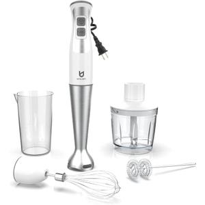 Immersion Hand Blender, UTALENT 5-in-1 8-Speed Immersion Blender with 500ml Food Grinder, 600ml Container,Milk Frother,Egg Whisk,Puree Infant Food, Smoothies, Sauces and Soups - White