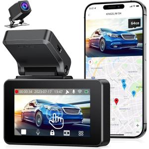 Kingslim Dash Cam Front and Rear 4K, Car Dash Camera for Cars with Free 64GB Card, 3 Inch Touchscreen, Front and Back Dashcam Built-in WiFi GPS, Night Vision, Parking Monitor, Smart App