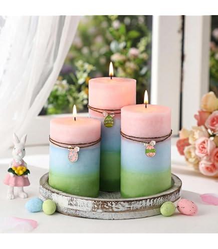 Threlaco Set of 3 Easter Pillar Candles Decorative Vanilla Flavor Pillar Candles with Rabbit and Easter Egg Ornaments Blue and Green Layered Clean Burning for Decor Party Room, 3 Sizes