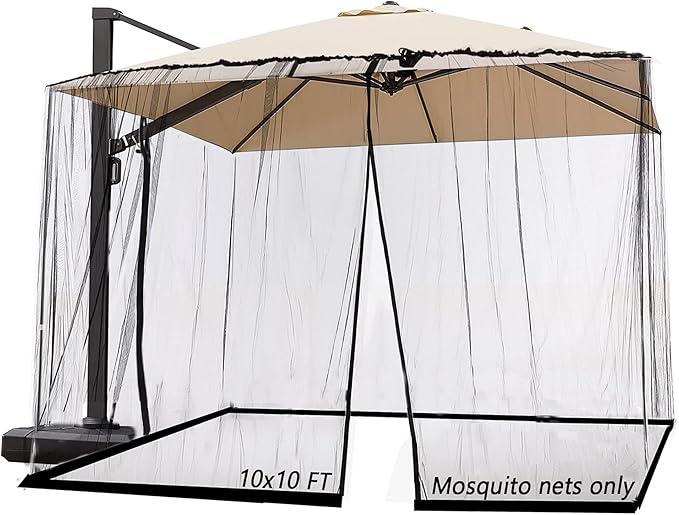 SOOSPEMZ 10ft Patio Mosquito Netting Patio Umbrella Cover Mosquito Netting Screen,Windproof Mosquito with Zipper Portable Foldable Umbrella Mosquito Net（10'10'7.6'） (Black)