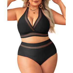 Tempt Me Women Plus Size Bikini High Waisted Swimsuits Mesh Tummy Control Two Piece Bathing Suit (Black)