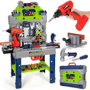 Kids Tool Bench Set with Electric Drill and Realistic Tools, Construction Workbench Playset Toy for Toddler 3-5, Easy Set up, Kids Boy Toys, Birthday Gifts for Boys Age 3 4 5 Year Old (Green)