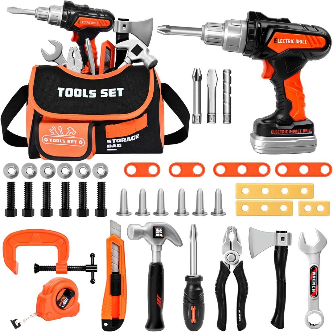 breibowski Kids Tool Sets with Portable Bag, Toddler Tool Set with Electric Drill Toy, Boy Toys Age 4, Construction Toys Tool Sets for Kid, Kids Tool Kit, Pretend Play Toys for 3 Year Old Boys Gift