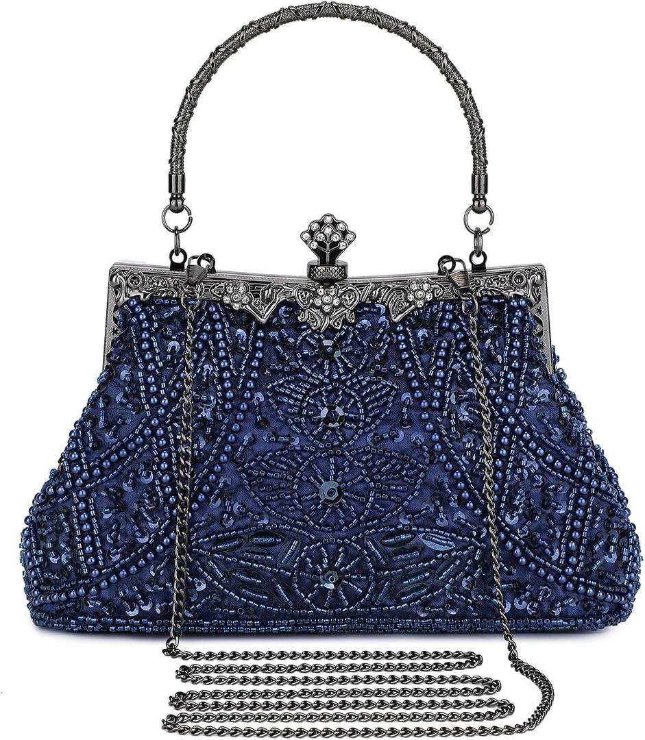 Selighting 1920s Vintage Beaded Clutch Evening Bags for Women Formal Bridal Wedding Clutch Purse Prom Cocktail Party Handbags | 1920s, Vintage, Beaded, Formal, Bridal, Wedding (One Size, Navy Blue)