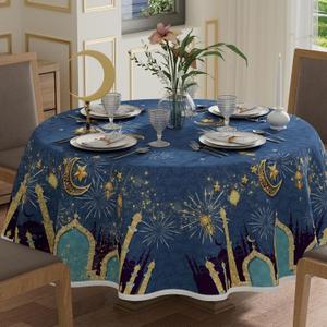 XCHI Green Castle Golden Lantern Stars and Moons Ramadan Mubarak Tablecloth Round Table Cloth Table Covers for Indoor Dining Home Party Decorations 70x70 Inch
