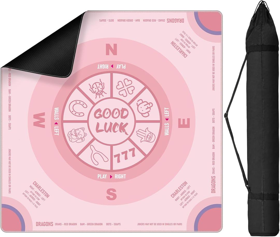 Mahjong Mat for Table with Carrying Bag, 32.4" x 32.4" Non-Slip Neoprene Mahjong Mat with Rules, Noise-Reducing Gaming Mat for Mahjong, Poker, Cards, Board and Tile Games - Pink