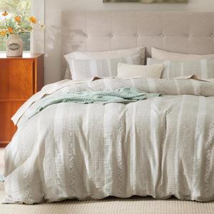 Bedsure Waffle Weave Duvet Cover Queen - 100% Cotton Boho Duvet Cover with 2 Pillowcases - Linen Color Textured Comforter Cover with Zipper Closure (Queen, 90"x90") (19 - Strip Linen (No Comforter))