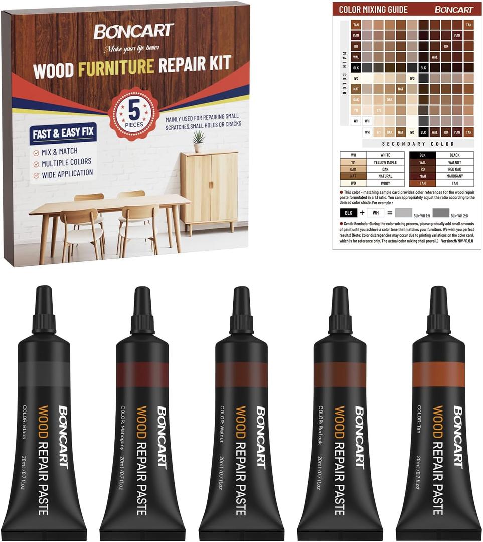 Wood Furniture Repair Kit, Wood Touch up Fillers, Repair Scratches, Cracks, Paint Chips, and Nail Holes on Furniture, Floors, Doors, Cabinets, and Tables (5 Dark Colors)