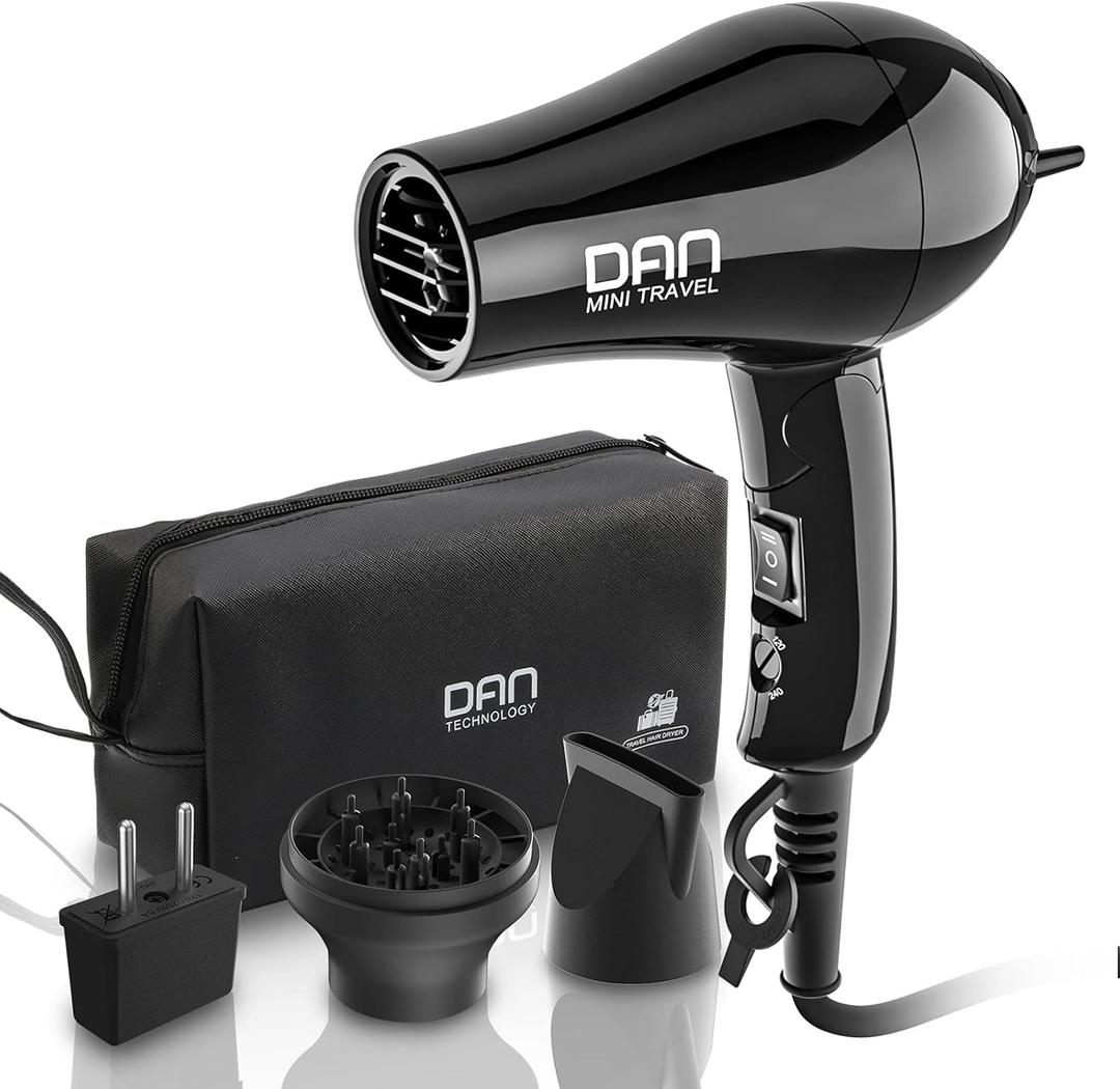 Dan Technology Compact Travel & Portable Mini Hair Dryer - Blow Dryer with Concentrator & Diffuser, European Plug (Small, Black)