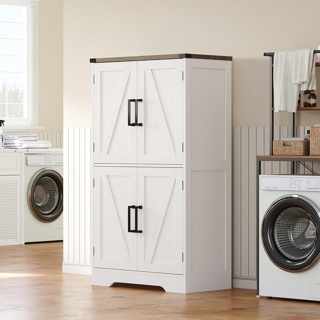 Treocho Bathroom Floor Cabinet, Farmhouse Bathroom Storage Cabinet with Doors and Adjustable Shelves, Freestanding Kitchen Pantry Cabinet, Cupboard for Living Room, Dining Room, White, 23.62 x 43.31 x 13.78 inches