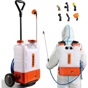VEVOR 4 Gallon Battery Powered Backpack Sprayer with Wheeled Cart, Adjustable 0-94 PSI, 13FT Hose, 6 Nozzles, 2 Wands Included, Wide Mouth Lid for Weeding, Cleaning, Long Spray Time, White+Orange