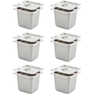 HECMAC 6 Pack 1/6 Size 6 Inch Deep Anti-Jam Hotel Pan with Notched Lid, Heavy Duty, Commercial Stainless Steel Pan, Metal Food Pan, 23 Gauge