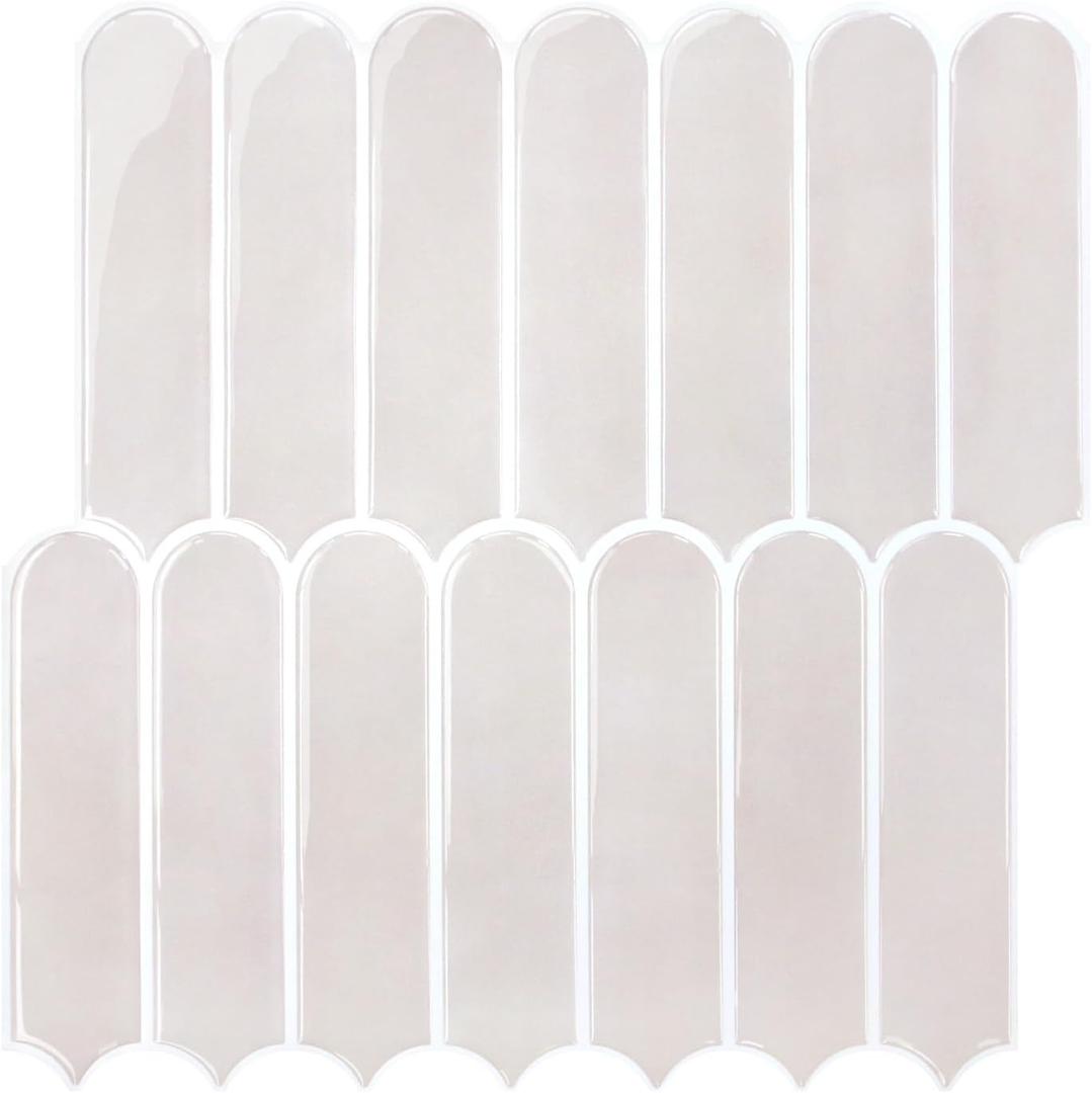Commomy Thicker Peel and Stick Backsplash (Beige with Pinkish Grout) - 10 pcs of 12" x 12" - 3D Adhesive Peel and Stick Tiles Backsplash for Kitchen, Bathroom, Removable, Waterproof, Vinyl Wall Tile (Glossy Beige with Pinkish & Thicker Design)