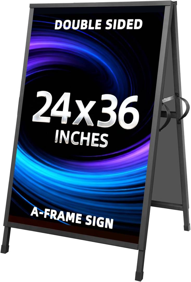 Heavy Duty Slide-in Folding Sandwich Board A-Frame Sidewalk Sign 24x36 Inch Black Coated Steel Metal Double-Sided Pavement Sign (2 Corrugated Plastic Poster Board)