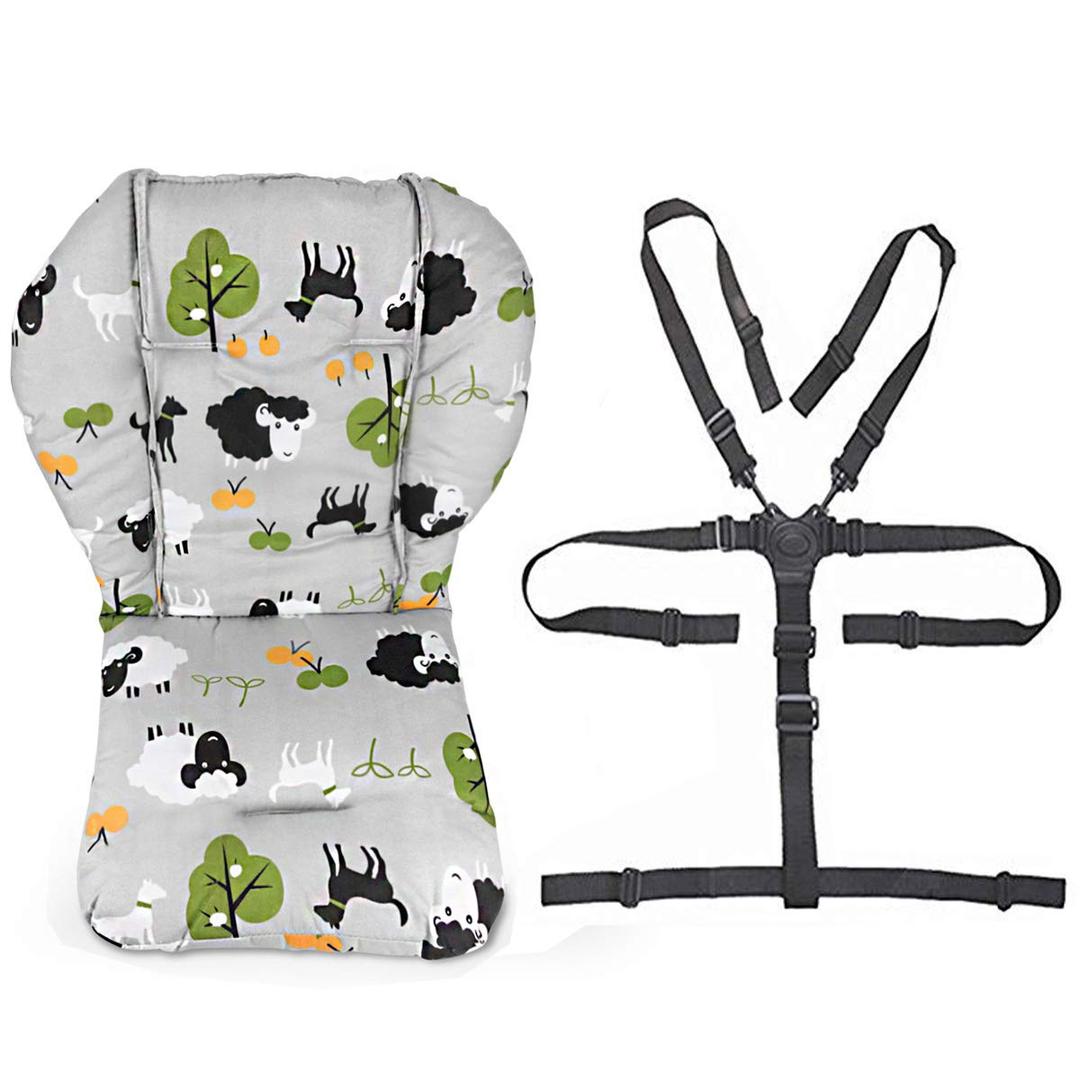 twoworld Baby High Chair Seat Cushion Liner Mat Pad Cover Resistant and High Chair Straps (5 Point Harness) 1 Suit (Grey Sheep)