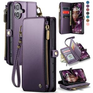 Defencase Compatible with iPhone 17 Case Wallet with RFID Blocking Card Holder for Women and Men, Fashion PU Leather Magnetic Snap Flip Zipper Strap Wallet Phone Case for iPhone 17 6.3", Purple