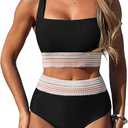 ZAFUL Women High Waisted Bikini Tummy Control Swimsuits Two Piece Swim Suits for Women 2025 Sporty Bathing Suit Swimwear M, Black