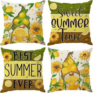Watercolor Gnome Sunflower Lemon Summer Pillow Covers Throw Pillow Cases Set of 4 Decorations for Home Sofa Cushion Cover Party Holiday Decor 16x16 Inch