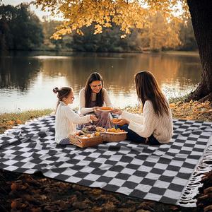 Large Picnic Blanket Outdoor Law Park Grass Patio Mat Manta Para Soft Car Travel Essentials Road Trip Summer Vacation Stuff Outside Accessories Roadtrip Camping Gear Rv Must Haves Glamping Tent Gadget (Giant Large 82'' x 90'', Checked Black)